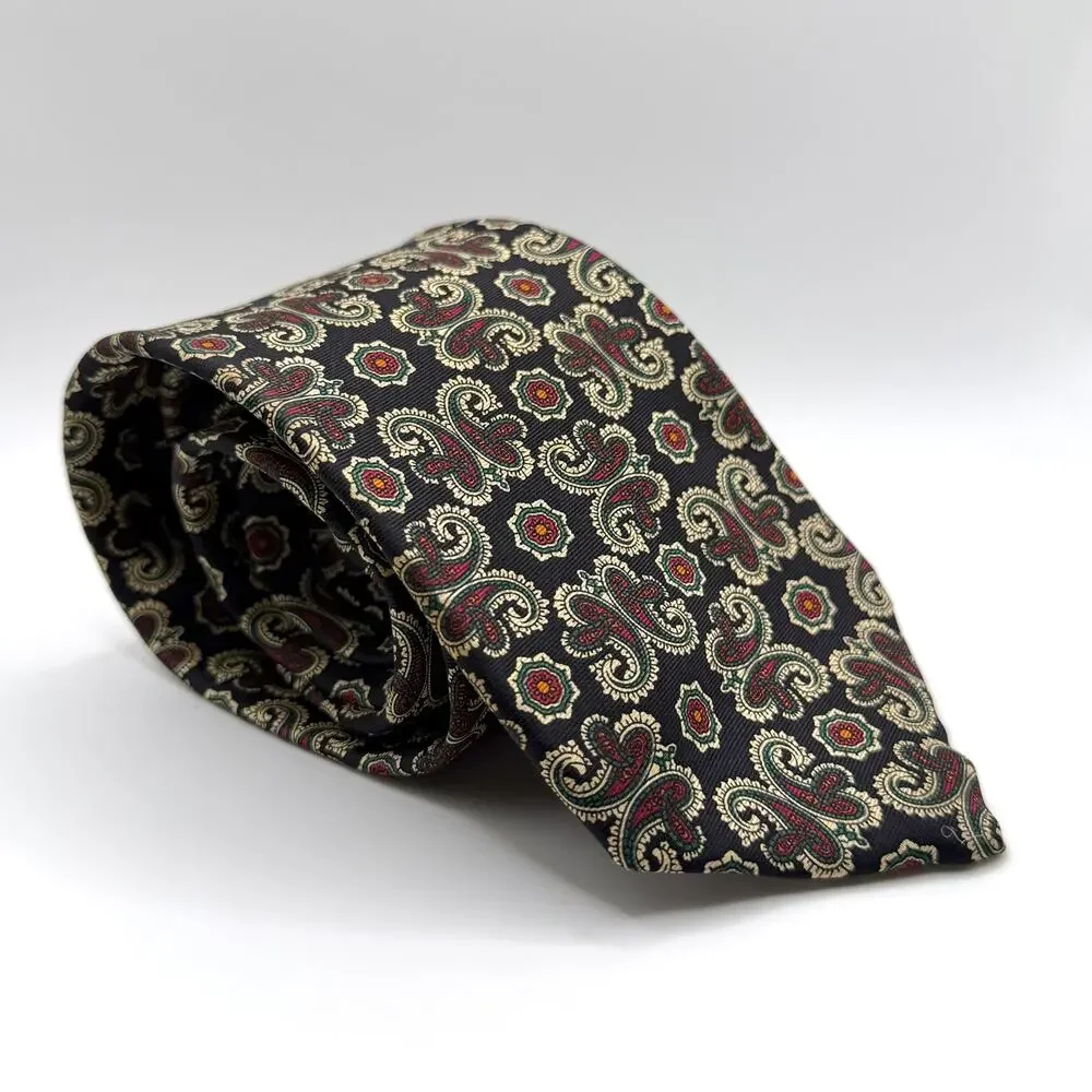 Vintage 90s Liberty of London Black Red Green 100% Silk Paisley Regal Tie